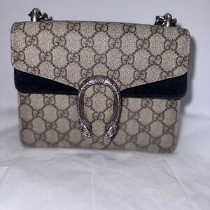 Gucci Black Suede Dionysus GG Canvas Shoulder Bag with Silver Hardware Crossbody